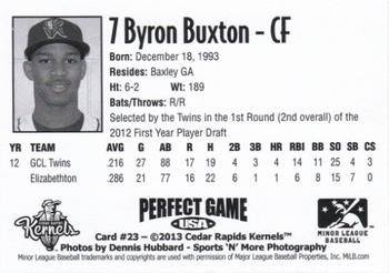 2013 Perfect Game Cedar Rapids Kernels #23 Byron Buxton Back