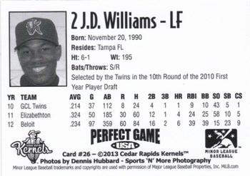 2013 Perfect Game Cedar Rapids Kernels #26 J.D. Williams Back