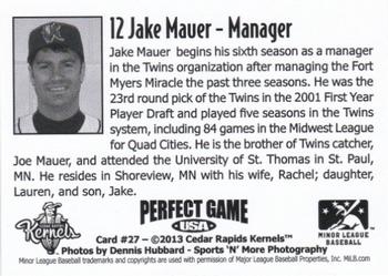 2013 Perfect Game Cedar Rapids Kernels #27 Jake Mauer Back