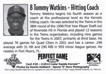 2013 Perfect Game Cedar Rapids Kernels #29 Tommy Watkins Back