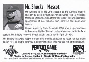 2013 Perfect Game Cedar Rapids Kernels #32 Mr. Shucks Back