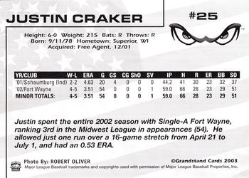 2003 Grandstand Lake Elsinore Storm #NNO Justin Craker Back