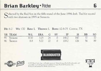 1997 Best Trenton Thunder #6 Brian Barkley Back