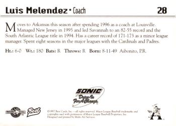 1997 Best Arkansas Travelers #28 Luis Melendez Back