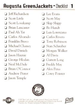 1997 Best Augusta GreenJackets #1 Team Logo / Checklist Back