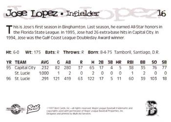 1997 Best Binghamton Mets #16 Jose Lopez Back