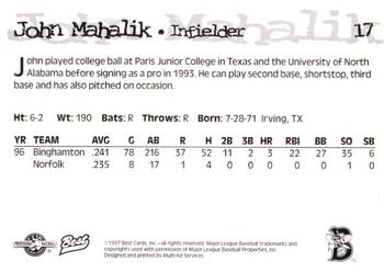 1997 Best Binghamton Mets #17 John Mahalik Back