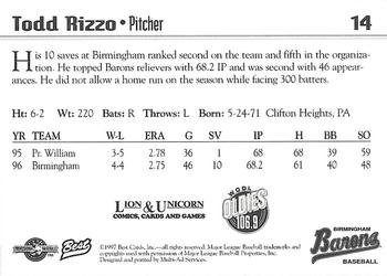 1997 Best Birmingham Barons #14 Todd Rizzo Back