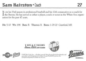 1997 Best Birmingham Barons #27 Sam Hairston Back
