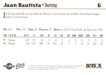 1997 Best Bowie Baysox #6 Juan Bautista Back
