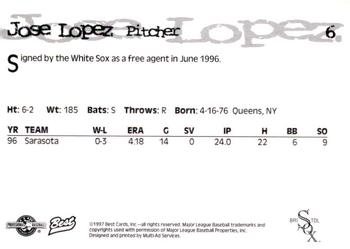 1997 Best Bristol White Sox #6 Jose Lopez Back