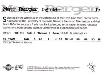 1997 Best Bristol White Sox #15 Matt Berger Back