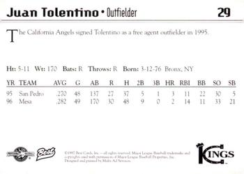 1997 Best Butte Copper Kings #29 Juan Tolentino Back