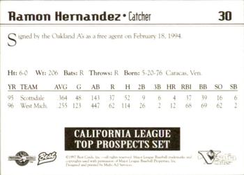 1997 Best California League Top Prospects #30 Ramon Hernandez Back