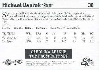 1997 Best Carolina League Top Prospects #30 Michael Vavrek Back