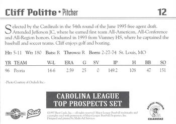1997 Best Carolina League Top Prospects #12 Cliff Politte Back