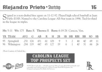 1997 Best Carolina League Top Prospects #16 Alejandro Prieto Back