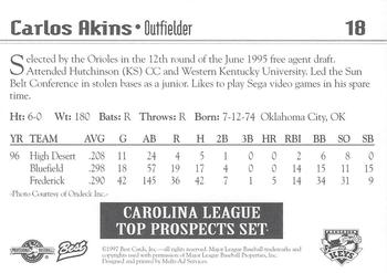 1997 Best Carolina League Top Prospects #18 Carlos Akins Back