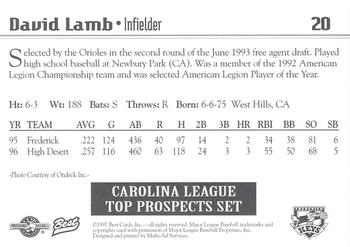 1997 Best Carolina League Top Prospects #20 David Lamb Back