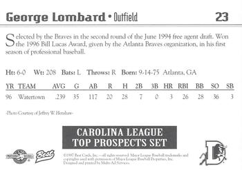 1997 Best Carolina League Top Prospects #23 George Lombard Back