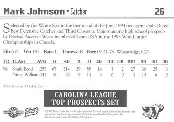 1997 Best Carolina League Top Prospects #26 Mark Johnson Back