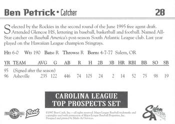 1997 Best Carolina League Top Prospects #28 Ben Petrick Back