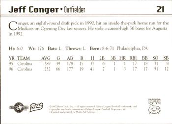 1997 Best Carolina Mudcats #21 Jeff Conger Back
