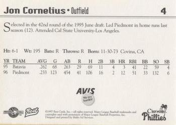 1997 Best Clearwater Phillies #4 Jon Cornelius Back