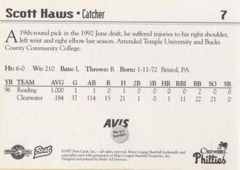 1997 Best Clearwater Phillies #7 Scott Haws Back