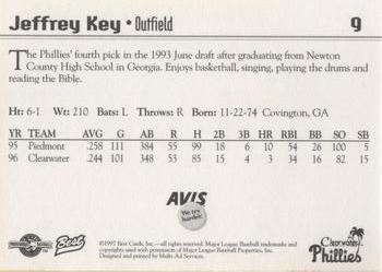 1997 Best Clearwater Phillies #9 Jeffrey Key Back