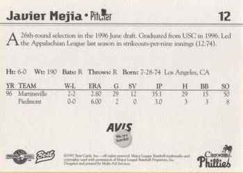 1997 Best Clearwater Phillies #12 Javier Mejia Back