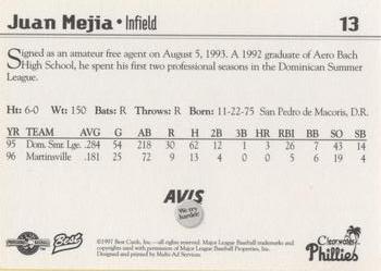 1997 Best Clearwater Phillies #13 Juan Mejia Back