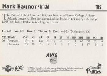 1997 Best Clearwater Phillies #16 Mark Raynor Back