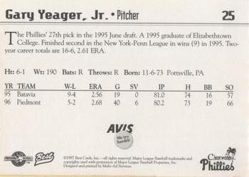 1997 Best Clearwater Phillies #25 Gary Yeager Back