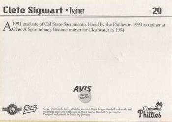 1997 Best Clearwater Phillies #29 Clete Sigwart Back