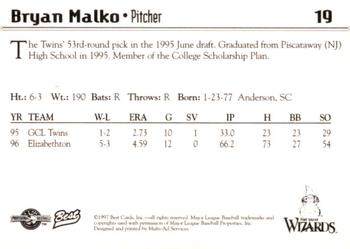 1997 Best Fort Wayne Wizards #19 Bryan Malko Back