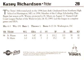 1997 Best Fort Wayne Wizards #28 Kasey Richardson Back
