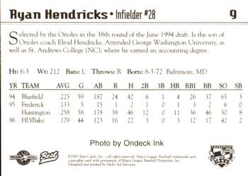 1997 Best Frederick Keys #9 Ryan Hendricks Back