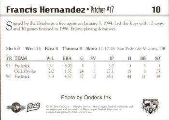 1997 Best Frederick Keys #10 Francis Hernandez Back