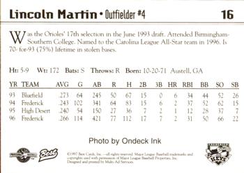 1997 Best Frederick Keys #16 Lincoln Martin Back
