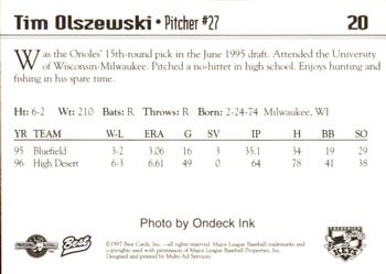 1997 Best Frederick Keys #20 Tim Olszewski Back