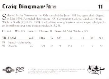 1997 Best Greensboro Bats #11 Craig Dingman Back