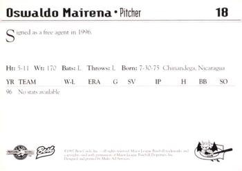 1997 Best Greensboro Bats #18 Oswaldo Mairena Back
