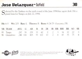 1997 Best Greensboro Bats #30 Jose Velazquez Back