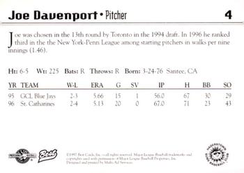 1997 Best Hagerstown Suns #4 Joe Davenport Back