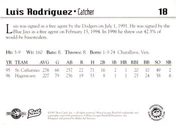 1997 Best Hagerstown Suns #18 Luis Rodriguez Back