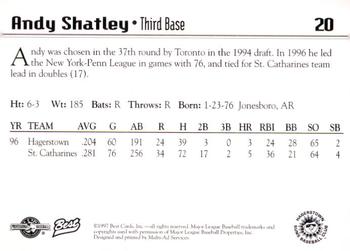 1997 Best Hagerstown Suns #20 Andy Shatley Back