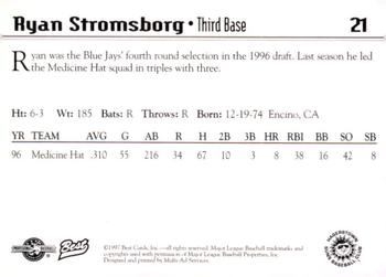 1997 Best Hagerstown Suns #21 Ryan Stromsborg Back
