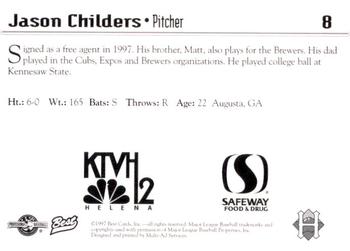 1997 Best Helena Brewers #8 Jason Childers Back