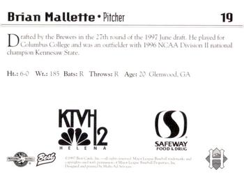 1997 Best Helena Brewers #19 Brian Mallette Back